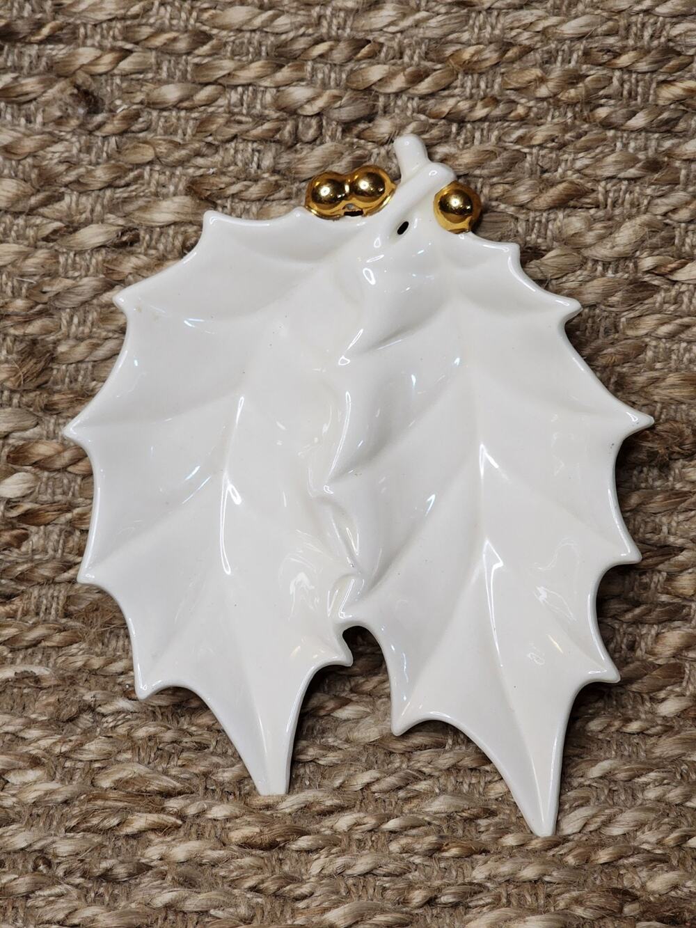 Vintage Ceramic Fall Holly Leaf Tray White Gold Berries Holiday Dish Christmas